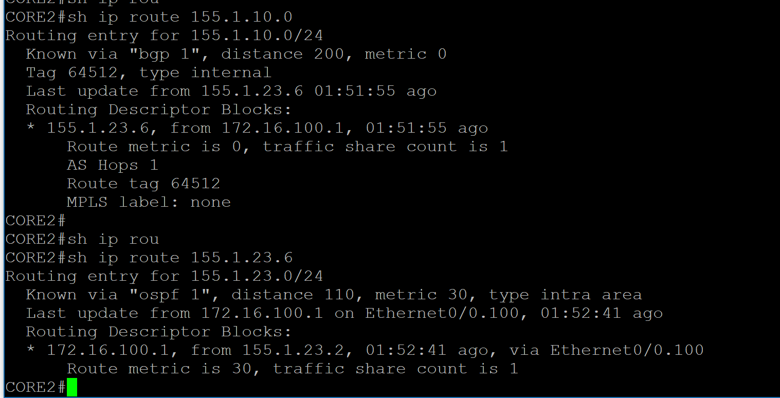 Route lookup for 155.1.10.0/24 on Core 2